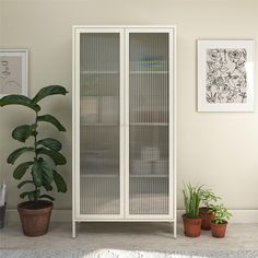 a white cabinet with glass doors next to potted plants