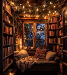 a living room with bookshelves, lights and a couch in the middle of it