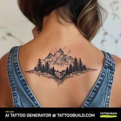 the back of a woman's neck with mountains and trees tattoo on her left shoulder