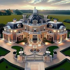 this is an artist's rendering of a large mansion in the middle of a lush green field