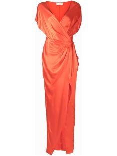 orange silk satin finish gathered detailing wraparound style V-neck short sleeves long length Michelle Mason, Gown Dress, Fashion Outfit, Long Length, Silk Satin, Satin Finish, Wrap Style, Silk Dress, Gowns Dresses