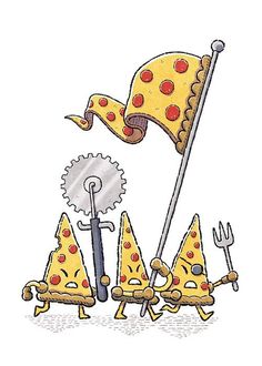 a drawing of some pizzas with hats on them and one holding a wrench