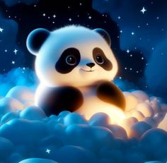 a panda bear sitting on top of a cloud in the sky with stars above it