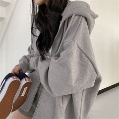 Hoodie Coat Woman, Preppy Aesthetic Outfits, Shiny Pants, Student Girl, Letter Print Hoodie, Loose Long Sleeve, Y2k Clothes