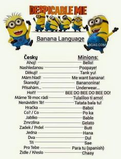 the despicable me banana language list is shown in this image with minion characters