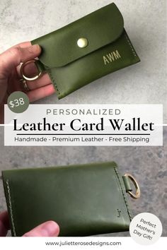 the personalized leather card wallet is shown in two different colors and has a gold ring on