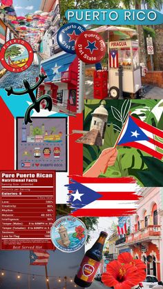 a collage of various images with the words puerto rico written in spanish and english