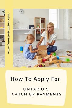 a woman and child playing with wooden blocks on the floor in front of a yellow background