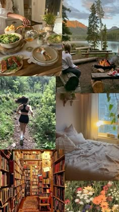 a collage of pictures with books, food and people in the woods at different times of day