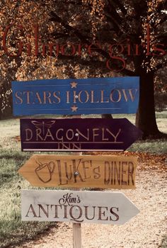 there are many different signs on the post in the park that say stars hollow, dragonfly inn, duke's diner and antiques