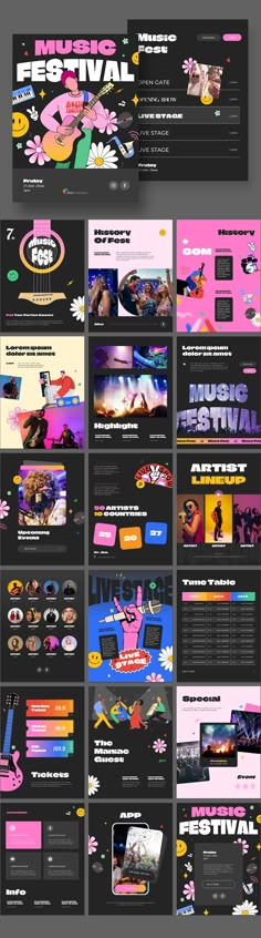 a bunch of different types of webpages on a gray and black background with the words festival