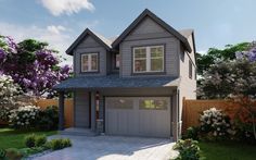 a rendering of a two story house in the middle of a garden with trees and flowers