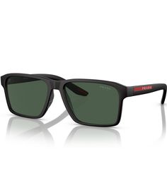 From Prada&#x2C; these men's sunglasses feature: Acetate frameRectangle shapeSolid lensRx-ableNon PolarizedApprox. 58mm lens - 17mm bridge - 145mm templeImported. Prada Sunglasses Mens, Mens Rectangle Sunglasses, Green Prada Sunglasses, Luxury Men's Outdoor Sunglasses, Prada Shades Men, Prada Men, Mens Eyewear, Rectangle Sunglasses, Eyewear Sunglasses