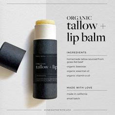 Organic Tallow + Lip Balm Nourish your lips with our handcrafted Organic Tallow + Lip Balm, made in small batches with the purest ingredients. Our lip balm features homemade tallow from grass-fed beef, organic beeswax, organic essential oils, and organic vitamin E oil--all sourced and crafted in California with love. This all-natural blend deeply hydrates and protects your lips, leaving them soft, smooth, and naturally beautiful. Embrace the luxury of organic care for your lips with a product that's as pure as it is effective. Experience the difference of small-batch, handcrafted quality--your lips deserve it. Lip Balm Design, Homemade Tallow, Tallow Lip Balm, Lip Balm Ingredients, Grand Rising, Tallow Balm, Homemade Oil, Organic Vitamins, Beef Tallow