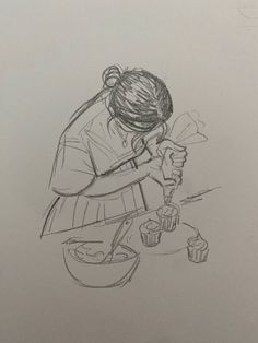 a pencil drawing of a woman making cupcakes