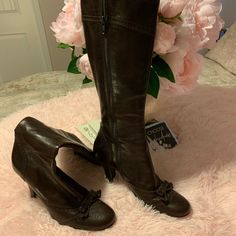 4” Brown Leather Miu Miu Boots. 14” Shaft, 4” Heel With Bow Detail At Toes. Rounded Toe. Miu Miu Leather High Heels, Miu Miu Brown Boots, Heel With Bow, Miu Miu Heels With 4-inch Heel For Formal Occasions, Miu Miu Boots, Miu Miu 4-inch Heel Formal Heels, Miu Miu 4-inch Evening Heels, Miu Miu Shoes, Shoes Brown