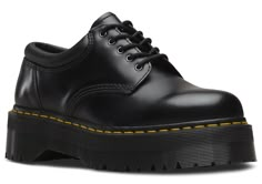 PRICES MAY VARY. Leather Autumn/Winter 2023 The 8053 5-eye shoe is fitted with a padded black collar to ease you into longer days. Built from high-shine leather and stacked on our formidable Quad Retro sole for an even bigger impact. The sole is marked with our distinctive yellow welt stitching and grooved edges. Dr Martens Shoes Women, 8053 Quad, Dr Martens 8053, Platform Oxford Shoes, Platform Doc Martens, Oxford Platform Shoes, Black Platform Shoes, Black Polish, Black Shoes Women