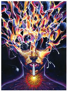 a painting of a woman's face with flames coming out of her head and the words,