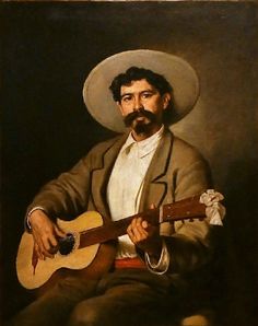 a painting of a man with a hat holding a guitar and wearing a cowboy outfit