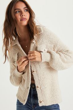 Staying snuggly all season long is extra easy with the Lulus Cozy Simplicity Ivory Textured Chenille Knit Button-Up Sweater! You'll be eager to bundle yourself up in this soft boucle knit sweater that features a shacket-inspired design with a collared neckline and long sleeves with drop shoulders and fitted cuffs. A relaxed, wide-cut bodice boasts a functional button placket at the front and twin flap pockets. Fit: This garment fits true to size. Length: Size medium measures 22.5" from shoulder Boucle Knit, Lulu Fashion, Trendy Fall Outfits, Winter Cardigan, Knit Sweater, Sweater Top, Sweater Sizes, Apparel Accessories, Knitted Sweaters