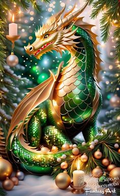 a green dragon sitting on top of a tree next to christmas balls and candles in the snow