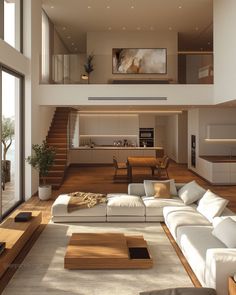 a living room filled with lots of furniture next to a large open floor plan area