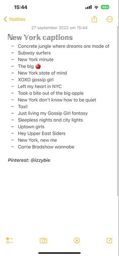 an iphone screen with the text new york captions on it and other words below