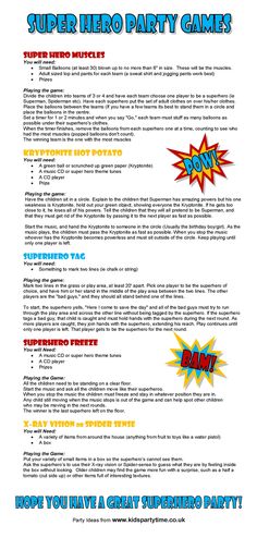 an advertisement for the super hero party games, with text and images in blue and red