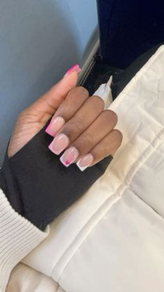 Different shades of pink french tips with hearts Heart Nail Designs French Tip, Red Pink French Tip Nails, French Tip Nails Red And White, Pink French Tip Nails With Heart, French Tip Natural Nails Short, French Tips With Heart, French Tip With Heart, Pink French Tips, Queen Of Hearts Makeup