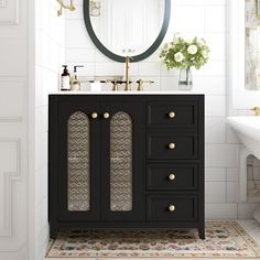 a bathroom with a sink, mirror and bathtub