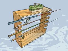 a wooden shelf with fishing rods and reels on it