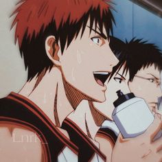 two anime characters one with red hair and the other with black hair holding a white cup