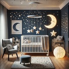 a baby's room with stars and moon decorations