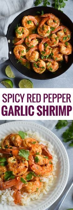 spicy red pepper garlic shrimp in a skillet with rice and cilantro on the side