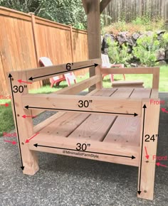 a wooden bench with measurements for the seat