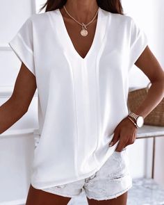 Style:CasualType:TeeMaterial:PolyesterNeckline:V-NeckSleeve Style:Cap SleeveLength:RegularPattern Type:PlainFit Type:RegularOccasion:DailyPackage Include:1*T-Shirt S: bust:38.6(inch); hips:44.1(inch); top length:26.0(inch); M: bust:40.6(inch); hips:46.1(inch); top length:26.4(inch); L: bust:42.5(inch); hips:48.0(inch); top length:26.8(inch); XL: bust:44.5(inch); hips:50.0(inch); top length:27.2(inch); Chic White V-neck T-shirt, Casual White V-neck Top, Solid V-neck T-shirt For Work, White V-neck Casual Top, Casual White V-neck Short Sleeve Top, White Relaxed Fit V-neck Short Sleeve Top, Casual V-neck Short Sleeve Top For Work, White Casual Tops For Work, Chic White T-shirt For Workwear