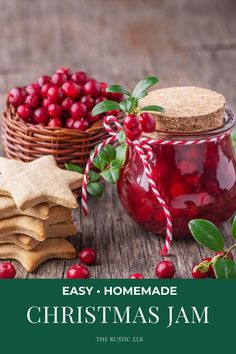 homemade christmas jam in a glass jar next to cookies and holly