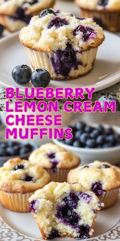 blueberry lemon cream cheese muffins on a white plate with fresh blueberries