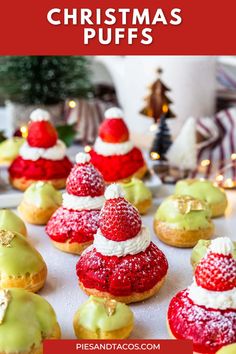 christmas puffs with green and red frosting on top, sitting on a table