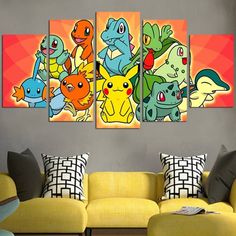 a living room with yellow couches and paintings on the wall above it, including pokemon characters