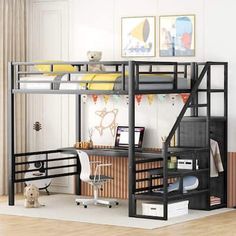 a loft bed with desk underneath it in a room that has hardwood floors and white walls