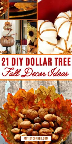 collage of fall decor ideas with pumpkins and acorns in the center