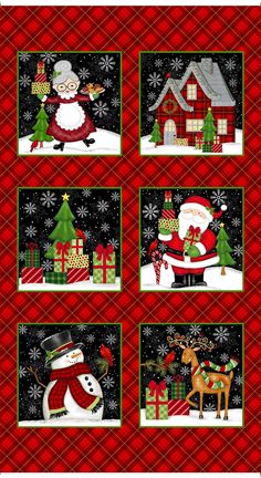 four christmas scenes with santa claus and reindeers in the snow, on red plaid background