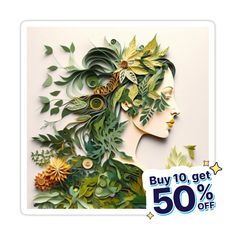 a woman's face made out of leaves and flowers with the sale 50 % off