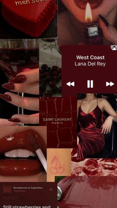 a collage of photos with red lipstick and candles on them, including the words west coast lana del ray