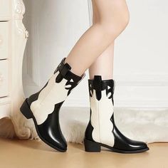 Cheky - Black White Cowboy Boots Women Low Heel Mid Calf Shoes White Cowboy Boots, Popular Boots, Pointy Heels, Pointed Heels, Cowboy Boots Women, Western Cowboy Boots, Boots Women, Mid Calf Boots, Brunei