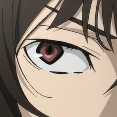 an anime character's eye with long black hair and brown eyes is seen in this image