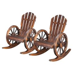 two wooden rocking chairs sitting next to each other on top of a white background,