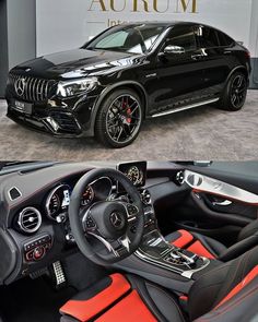 the inside and outside view of a black mercedes suv with red seats, steering wheel controls and dashboard