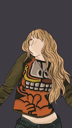 a drawing of a woman with long blonde hair wearing an orange shirt and green jacket